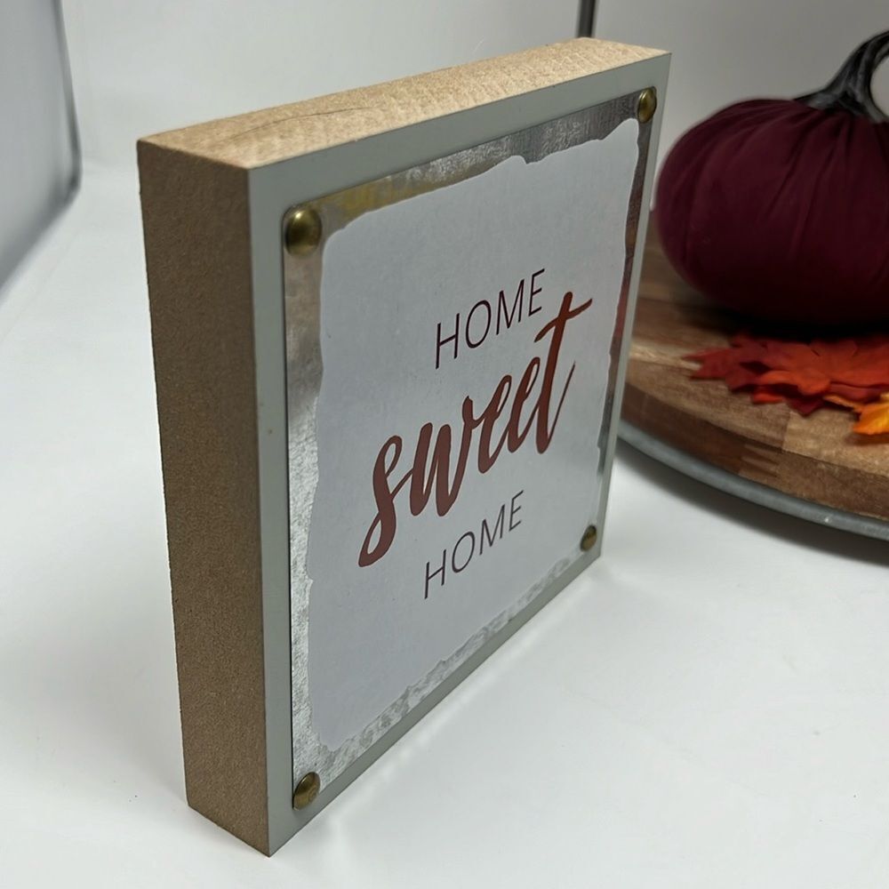 Home Sweet Home Decor Wood & Metal Shelf Table Standing Word Sign Brown White - Picture 3 of 8